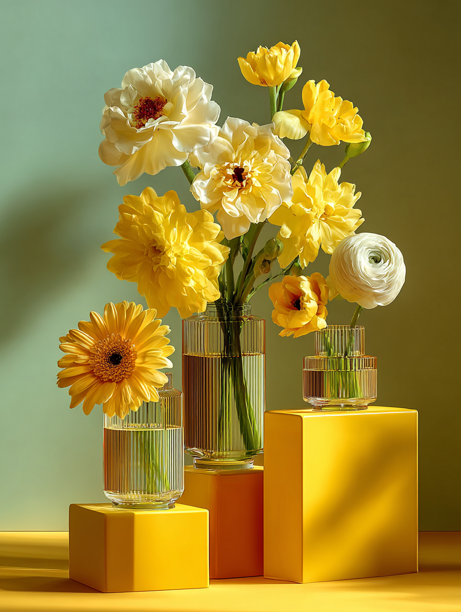 Yellow and white florals in ribbed glass vases on golden podiums