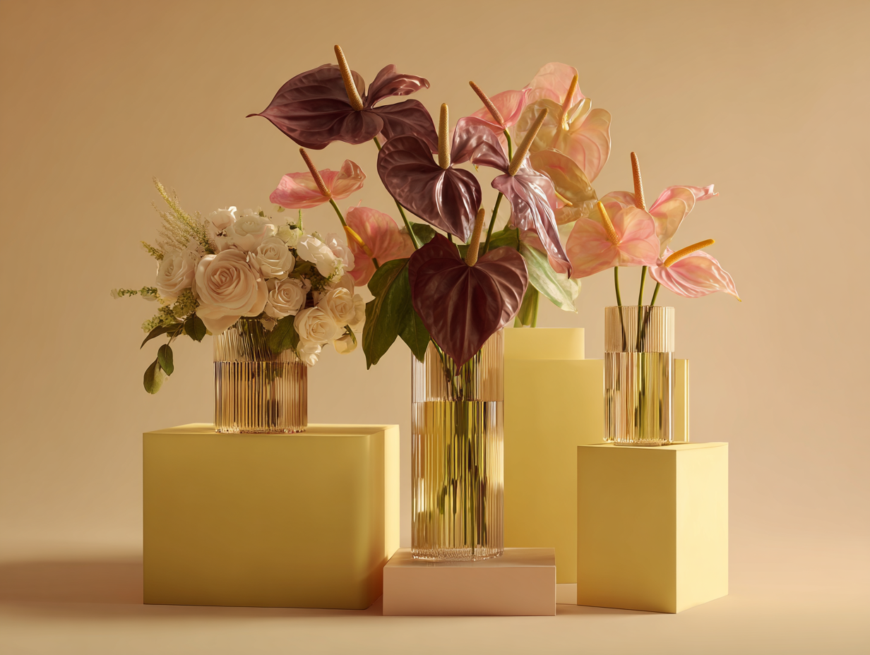 Soft anthuriums and cream roses in fluted glass vases on warm beige pedestals
