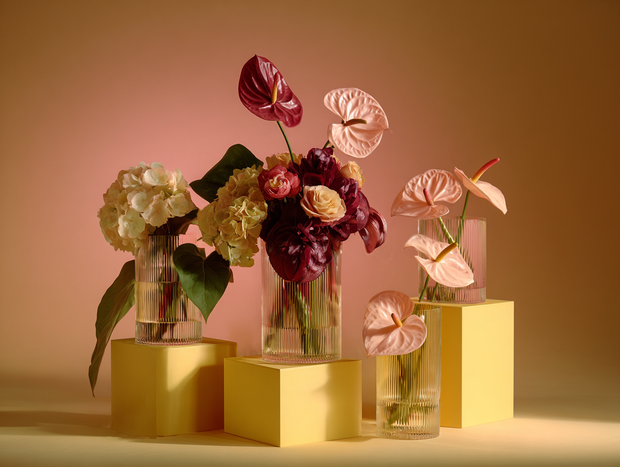 Dark blush anthuriums, cream roses, and burgundy peonies in fluted glass vases on yellow pedestals