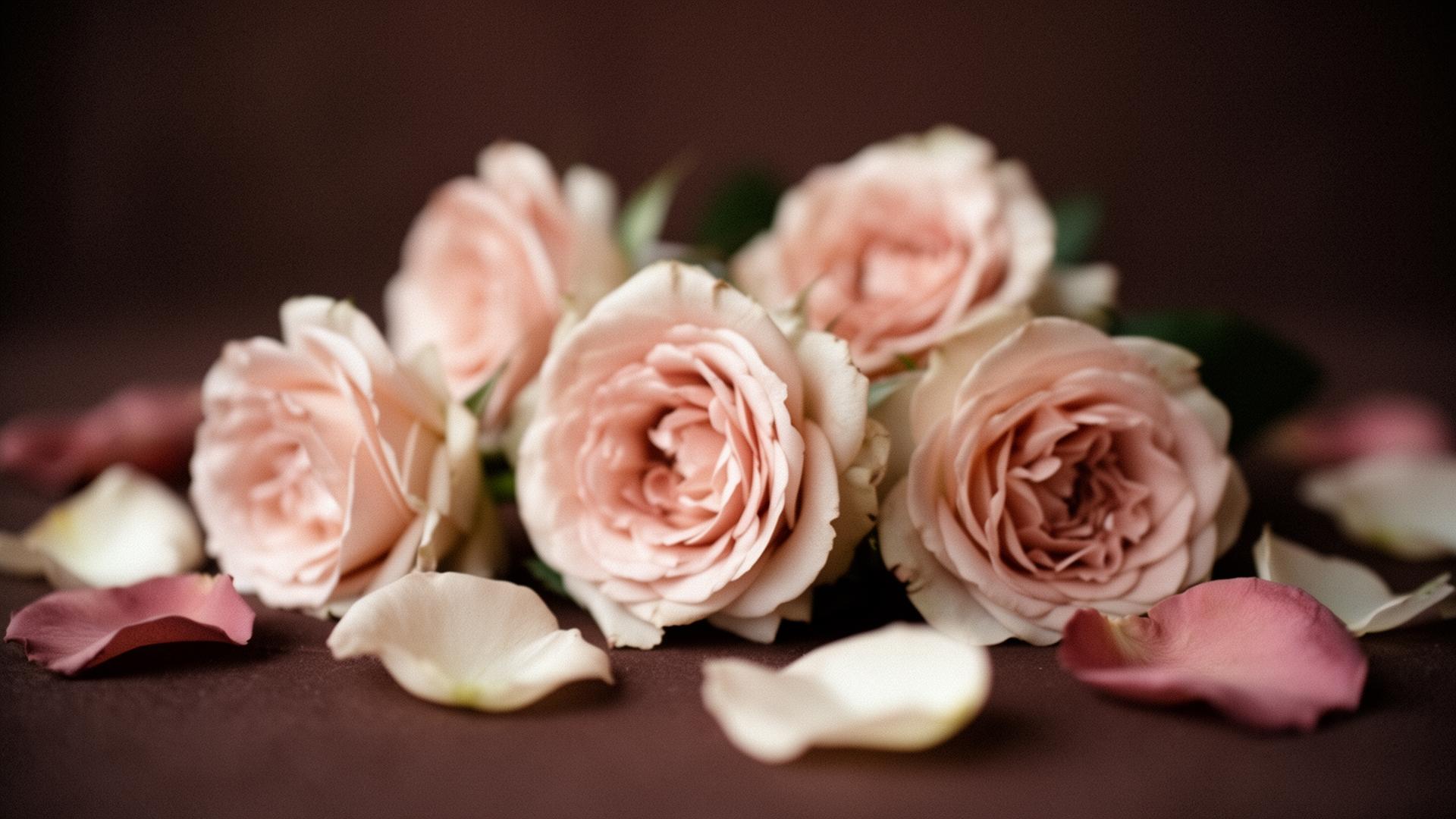 Soft blush garden roses on a moody espresso background