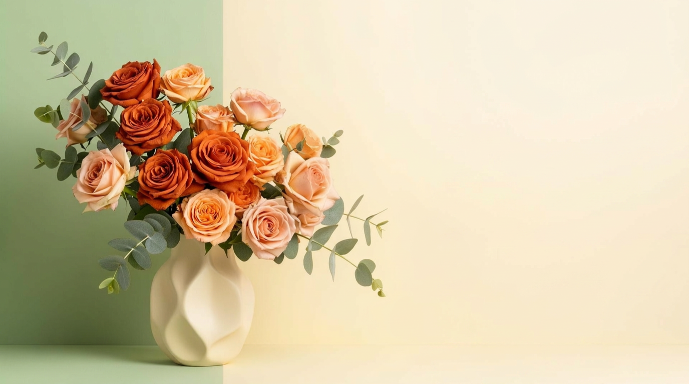 Terracotta and blush roses with eucalyptus in a cream sculptural vase, sage and cream color-block background